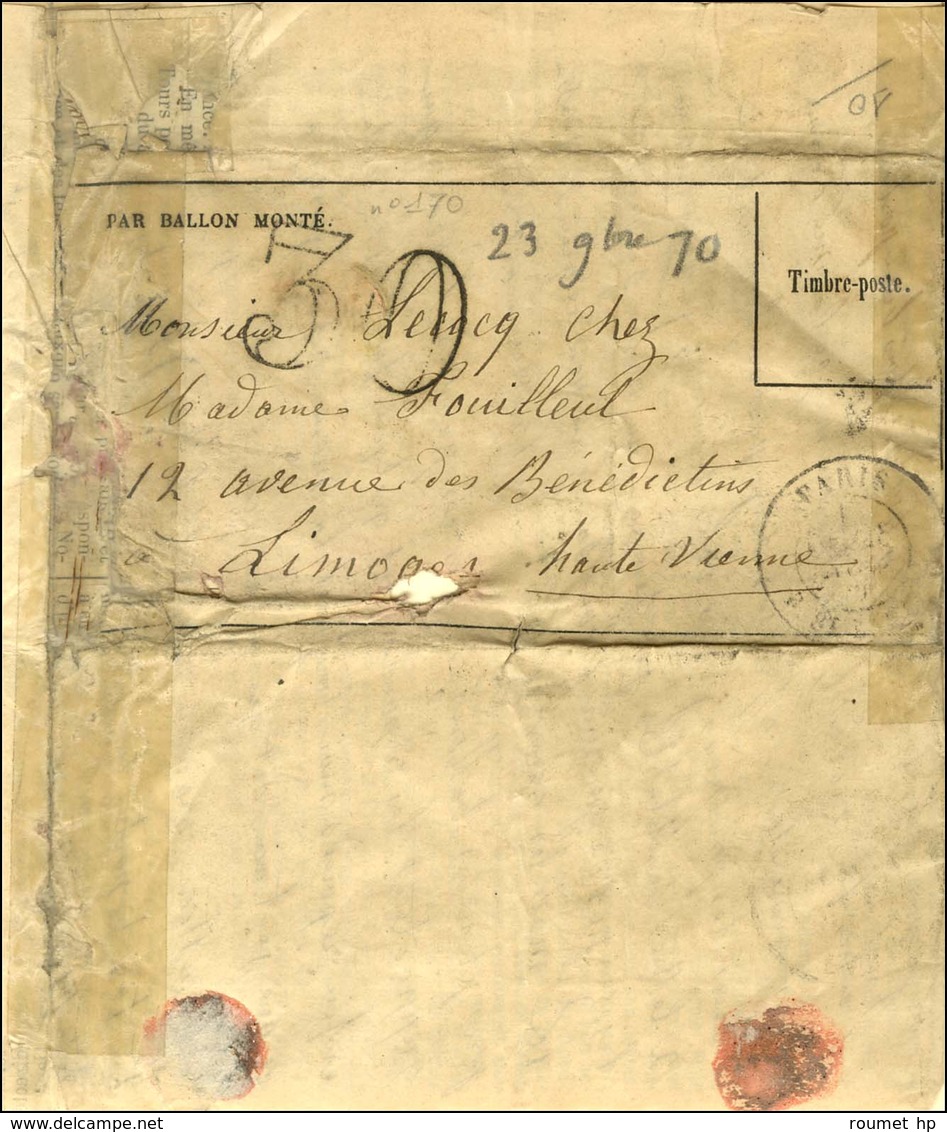 Càd PARIS / R. ST LAZARE 23 NOV. 70 Et Taxe 30 DT Pour Timbre Tombé Par Immersion Sur Gazette N° 10 Pour Limoges, Au Ver - Guerra Del 1870