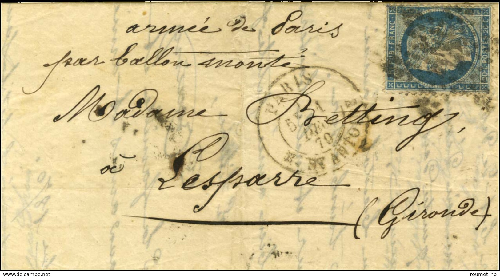Etoile 21 / N° 37 Càd PARIS / R. ST ANTOINE 1 DEC. 70 Sur Lettre Pour Lesparre. Au Recto, Mention Manuscrite '' Armée De - Krieg 1870