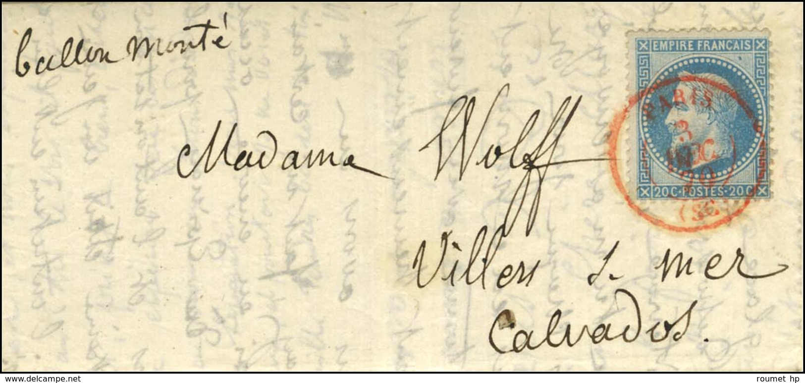 Càd Rouge PARIS (SC) 3 DEC. 70 / N° 29 Sur Lettre Pour Villers Sur Mer, Au Verso Càd D'arrivée 8 DEC. 70. LE FRANKLIN. - - War 1870