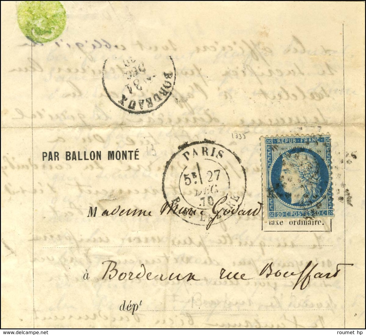 Etoile 2 / N° 37 Càd PARIS / R. ST LAZARE 27 DEC. 70 Sur Lettre PAR BALLON MONTE Pour Bordeaux. Au Verso, Càd D'arrivée  - Guerra Del 1870