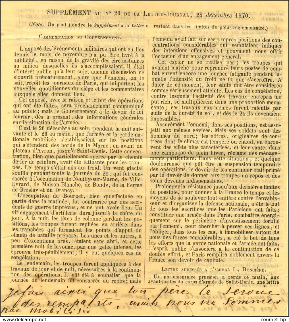 GC 2488 / N° 29 Càd PARIS / MONTMARTRE 28 DEC. 70 Sur Gazette N° 20 Avec Son Supplément Rédigé Par La Main De L'expédite - War 1870