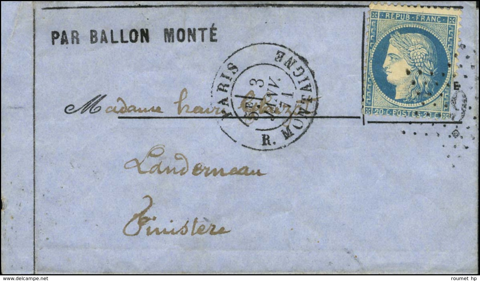 Etoile 9 / N° 37 Càd PARIS / R. MONTAIGNE 3 JANV. 71 5e Levée Sur Lettre PAR BALLON MONTE Pour Landerneau. Au Verso, Càd - Guerra Del 1870