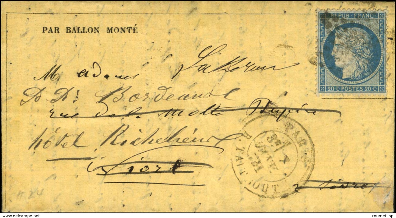 Etoile 22 / N° 37 Càd PARIS / R. TAITBOUT 7 JANV. 71 Sur Gazette N° 24 Pour Niort Réexpédiée à Bordeaux, Au Verso Càd D' - Guerra Del 1870