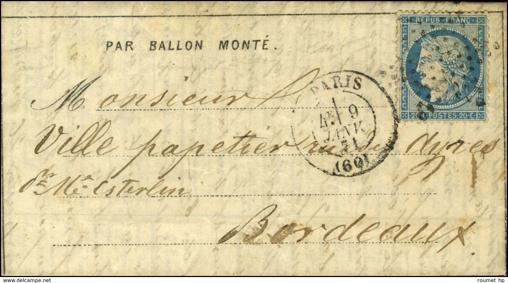 Etoile / N° 37 Càd PARIS (60) 9 JANV. 71 Sur Dépêche-ballon N° 21 Pour Bordeaux, Au Verso Càd D'arrivée 15 JANV. 71. LE  - Guerra Del 1870