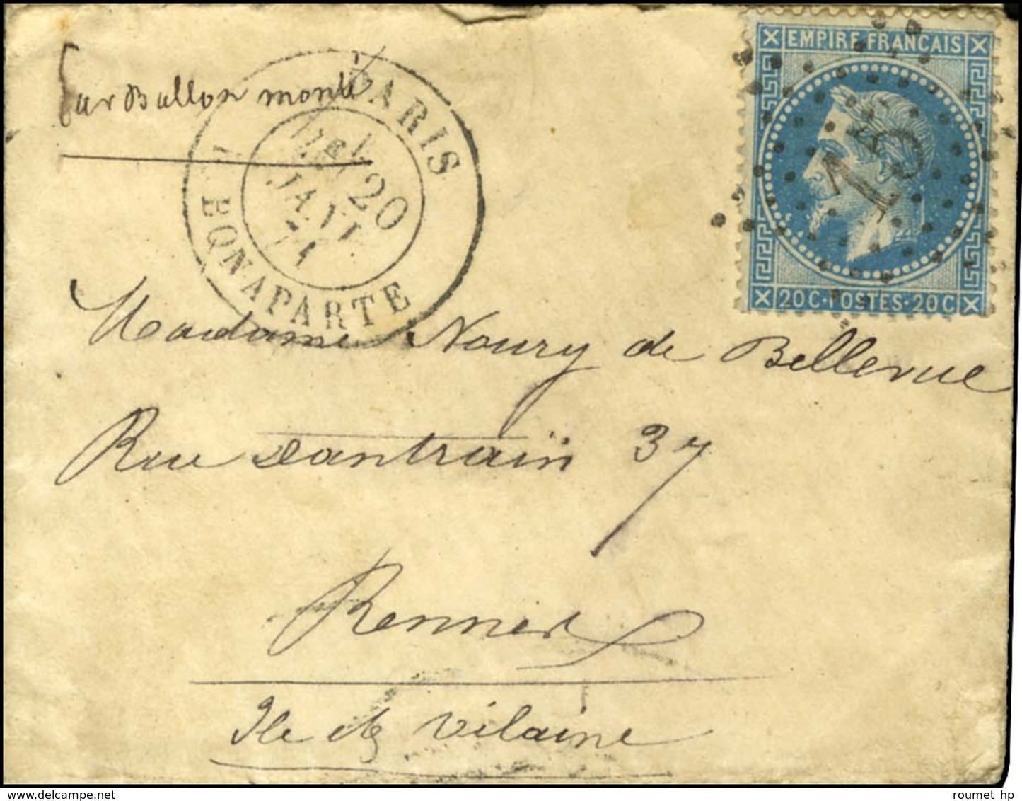 Etoile 15 / N° 29 Càd PARIS / R. BONAPARTE 20 JANV. 71 Sur Lettre Pour Rennes, Au Verso Càd D'arrivée 26 JANV. 71. LE GE - War 1870