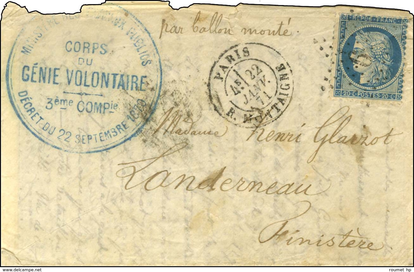 Etoile 9 / N° 37 Càd PARIS / R. MONTAIGNE 22 JANV. 71 Sur Lettre Pour Landerneau. Au Recto, Grand Cachet Bleu MINISTERE  - War 1870