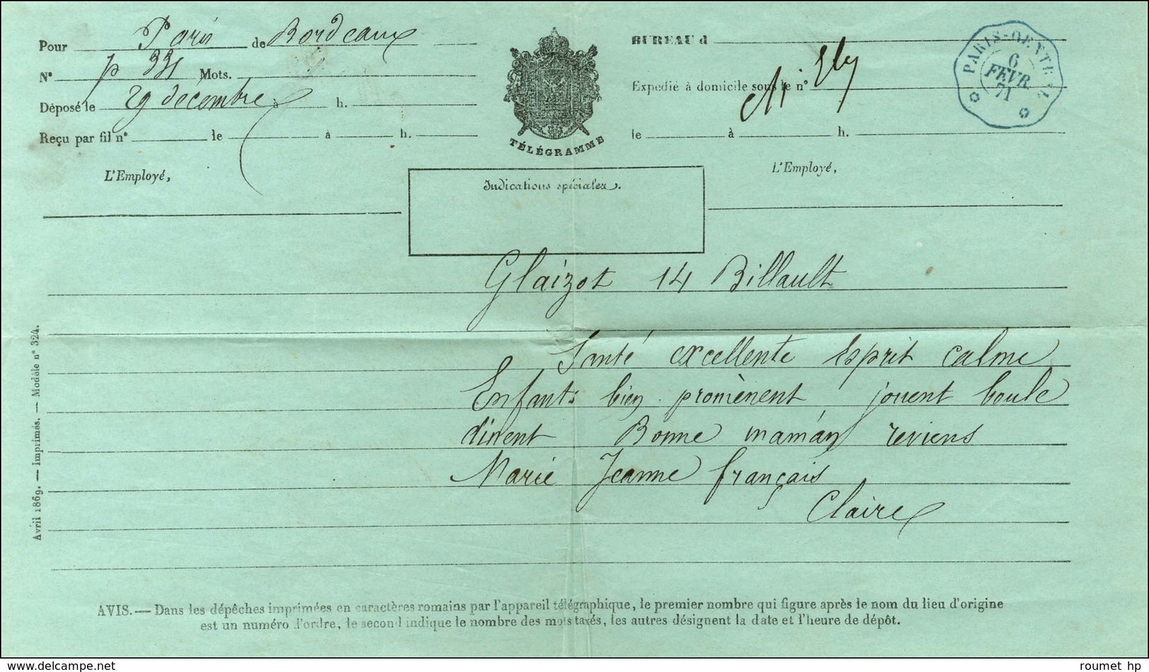 Télégramme Daté De Bordeaux Le 29 Décembre 1870 Adressé à Monsieur Glaizot à Paris. Càd Bleu Ondulé PARIS CENTRAL 6 FEVR - War 1870