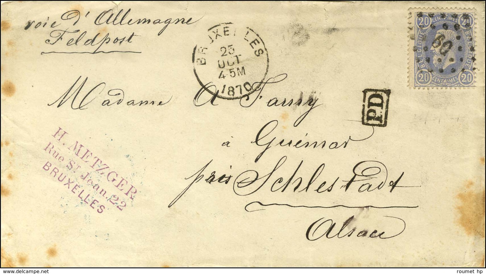 PC Belge 60 / Belgique 20c Càd BRUXELLES Sur Lettre Pour Schlestadt Par La Voie D'Allemagne Feldpost. 1870. - TB. - Guerra Del 1870