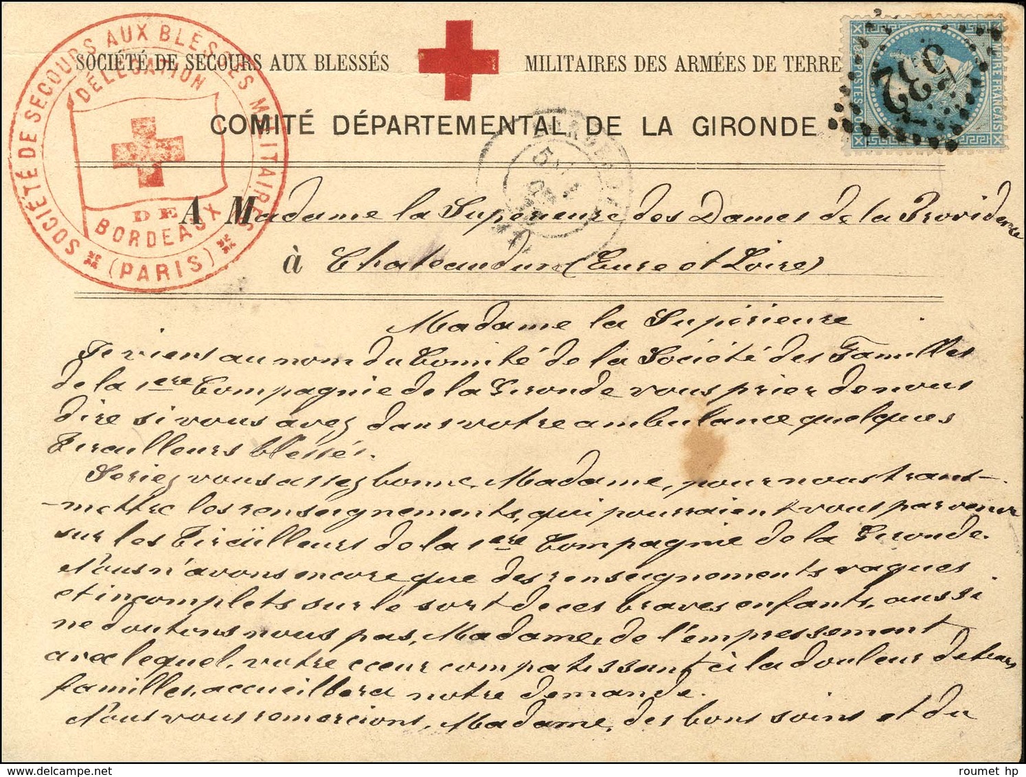 GC 532 / N0 29 Càd T 17 BORDEAUX (32) Sur Carte Du Comité Départemental De La Gironde. Au Recto, Cachet Rouge SOCIETE DE - War 1870