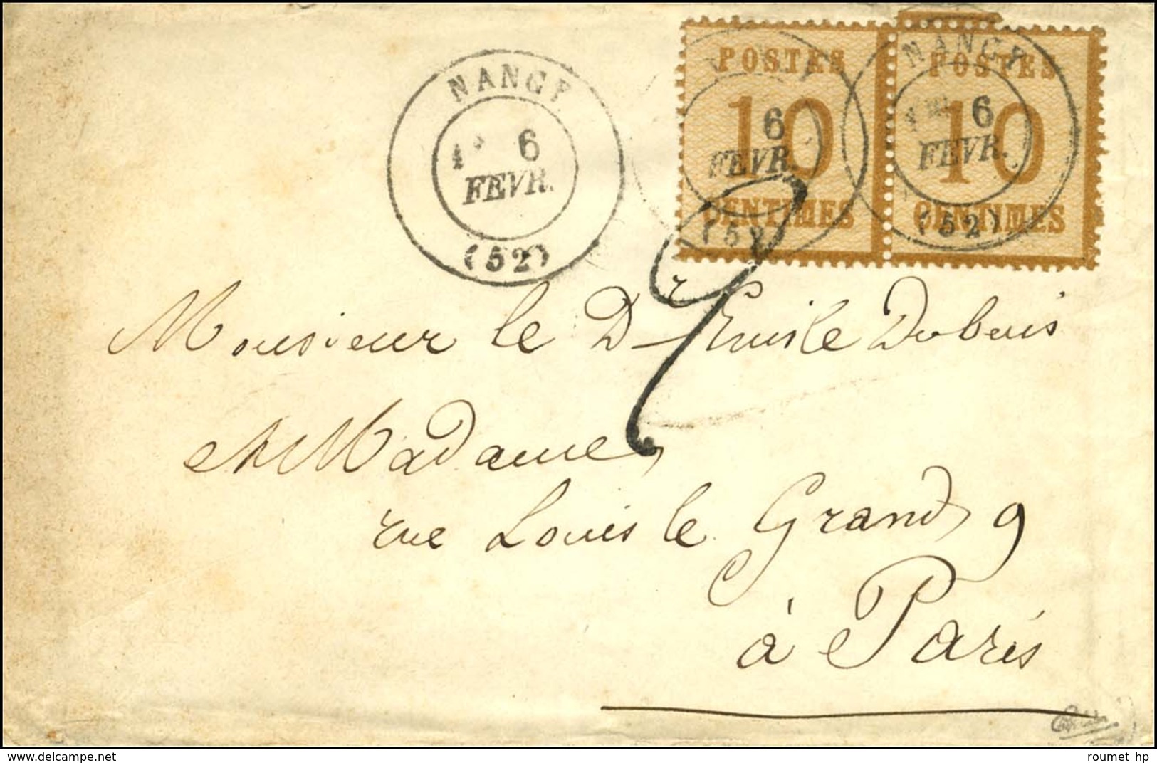 Càd T 17 NANCY (52) 6 FEVR. (71) / Alsace N° 5 Paire Sur Lettre Pour Paris, Taxe Tampon 2 à L'arrivée (période Armistice - Storia Postale