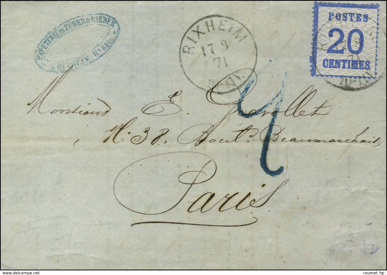 Càd RIXHEIM / Alsace N° 6 Sur Lettre Pour Paris, Taxe Tampon 2 Bleue (type 12). 1871. - TB. - Storia Postale