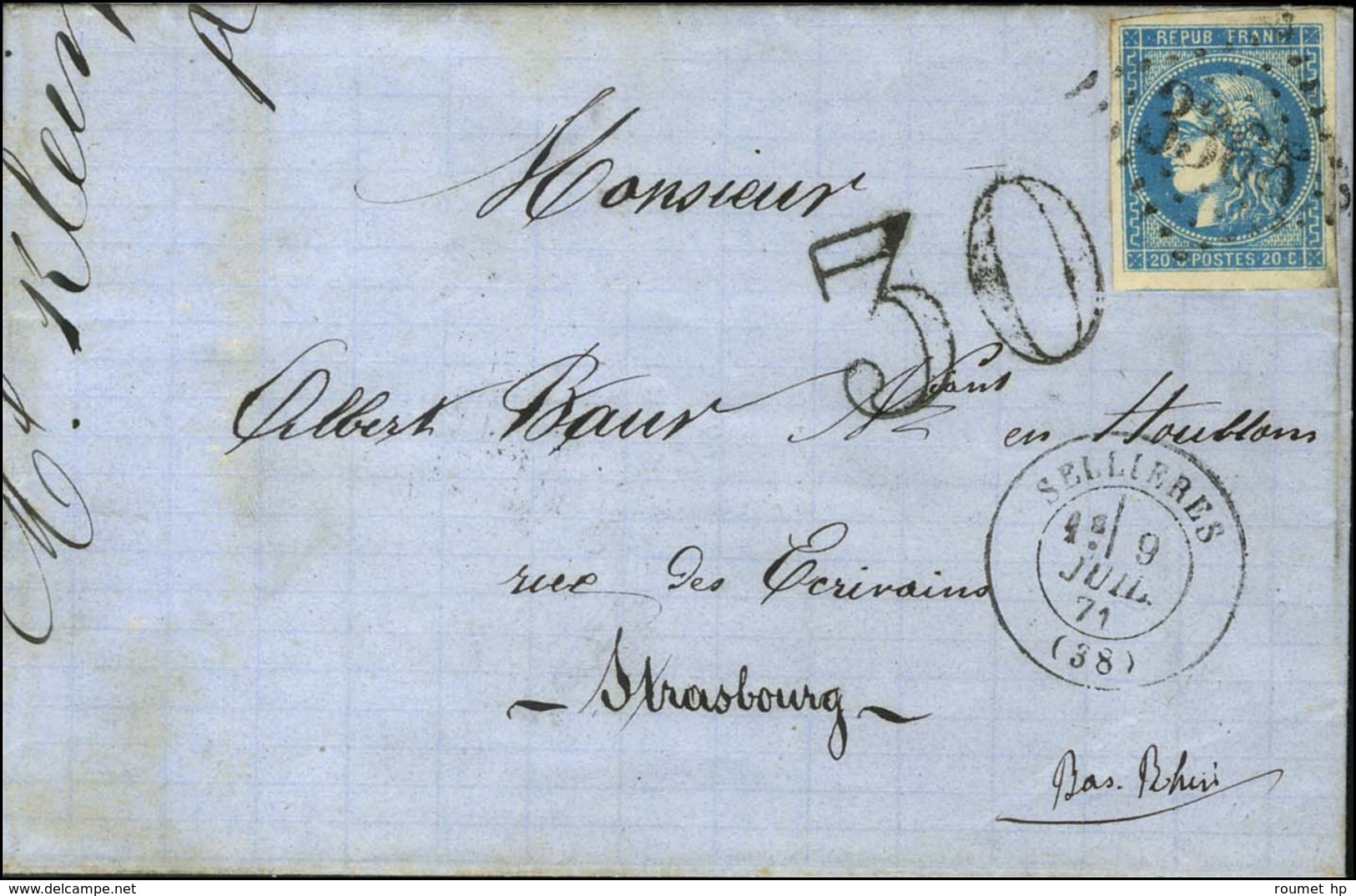 GC 3365 / N° 46 Belles Marges Càd T 17 SELLIERES (38) Sur Lettre Pour Strasbourg, Taxe 30 DT. 1871. - TB / SUP. - Storia Postale