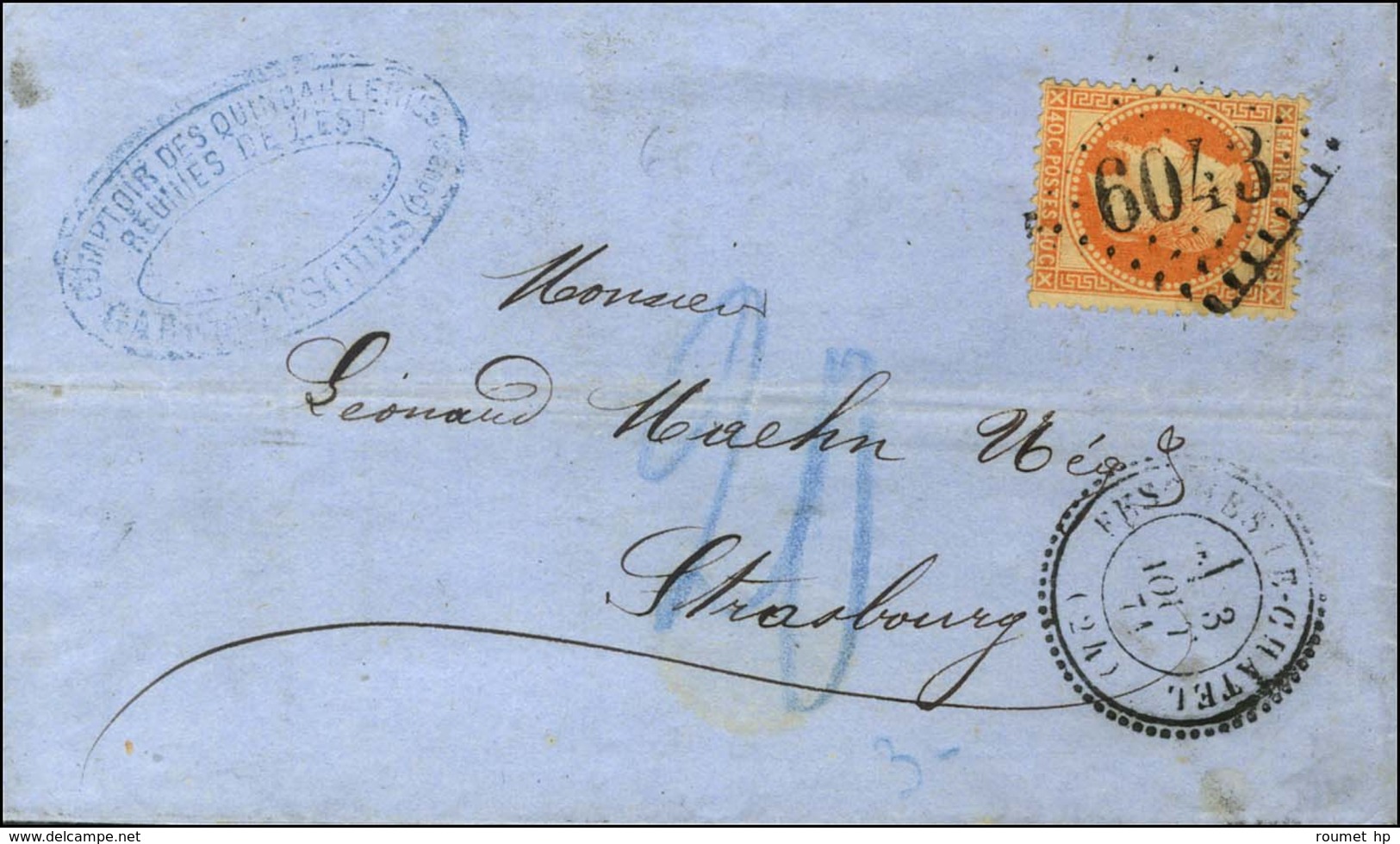 GC 6043 / N° 31 Càd T 24 FESCHES LE CHATEL (24) Sur Lettre 2 Ports Pour Strasbourg, Taxe 20 Au Crayon Bleu. 1871. - TB / - Covers & Documents