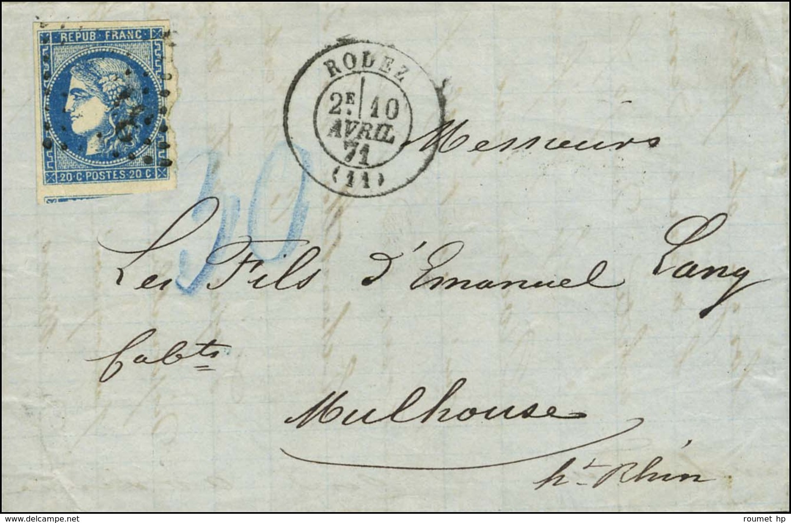 GC 31180 / N° 46 Càd T 17 RODEZ (11) Sur Lettre Pour Mulhouse, Taxe 30 Au Crayon Bleu. 1871. - TB / SUP. - Covers & Documents