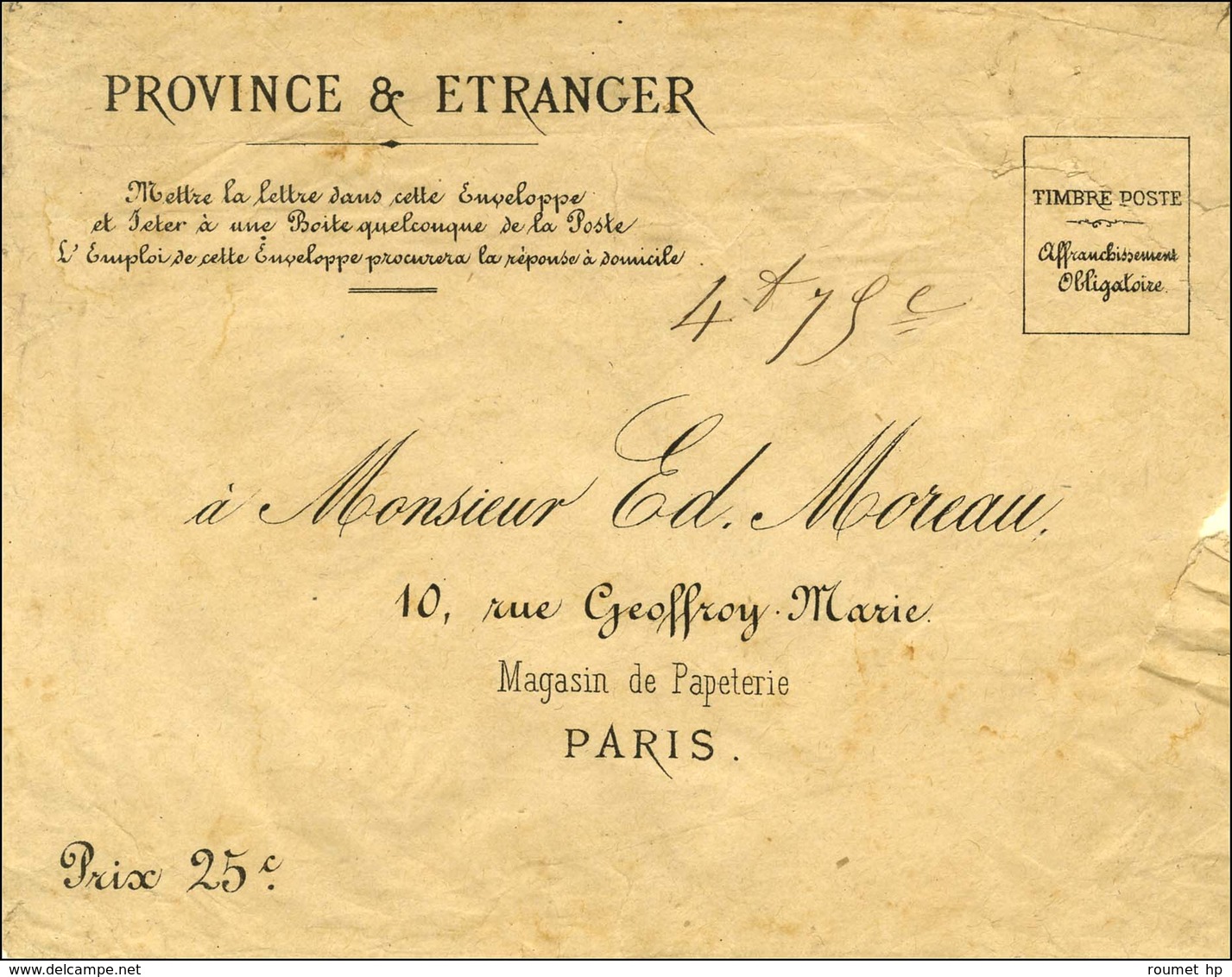 Enveloppe Imprimée De L'Agence Moreau Avec Au Verso L'étiquette Rouge à La Fermeture SERVICE POSTAL / PROVINCE & ETRANGE - War 1870