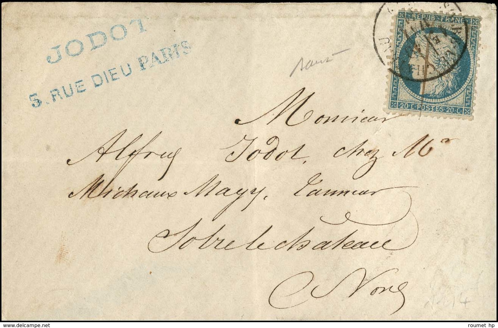 Plume / N° 37 Sur Lettre à En-tête Imprimée Jodot / 5 Rue Dieu Paris Pour Sobre Le Château. Le Timbre Poste Est Annulé à - War 1870