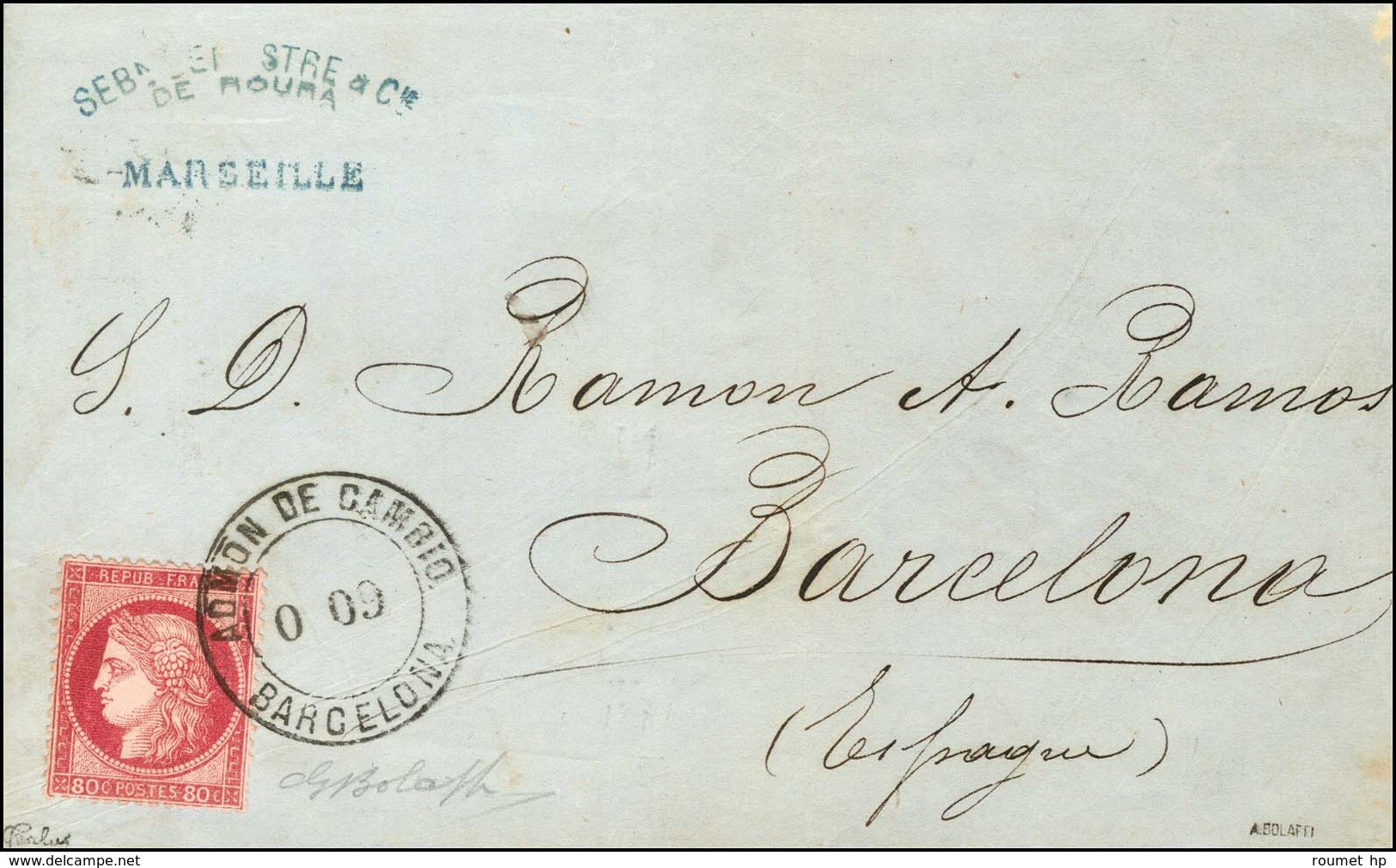 Càd Espagnol ADMON DE CAMBIO / BARCELONA / N° 57 Sur Lettre En Double Port De Marseille Pour L'Espagne. 1872. - SUP. - Maritieme Post