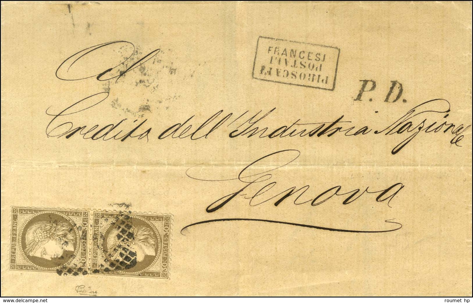 GC De Gènes / N° 56 Paire Sur Lettre De Salonique Pour Gènes. Au Recto, Griffe Encadrée PIROSCAFI / POSTALI / FRANCESI.  - Posta Marittima