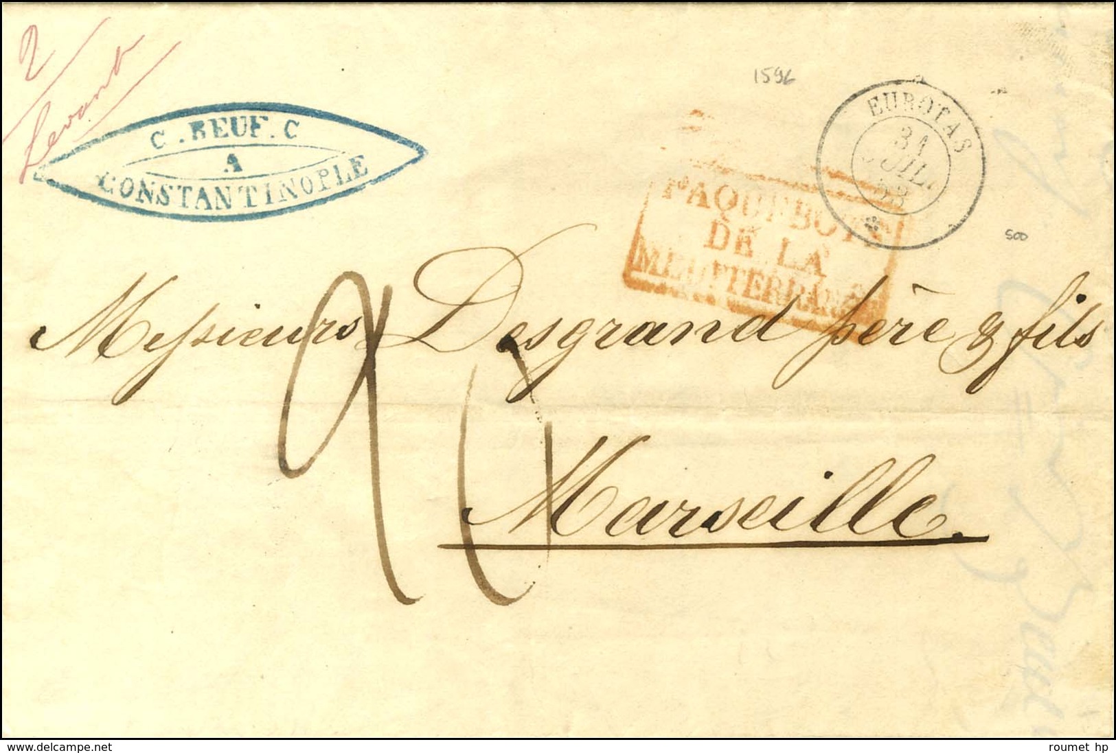 Càd EUROTAS / * Sur Lettre Non Affranchie 2 Ports De Constantinople Pour Marseille. 1853. - TB / SUP. - RR. - Maritieme Post