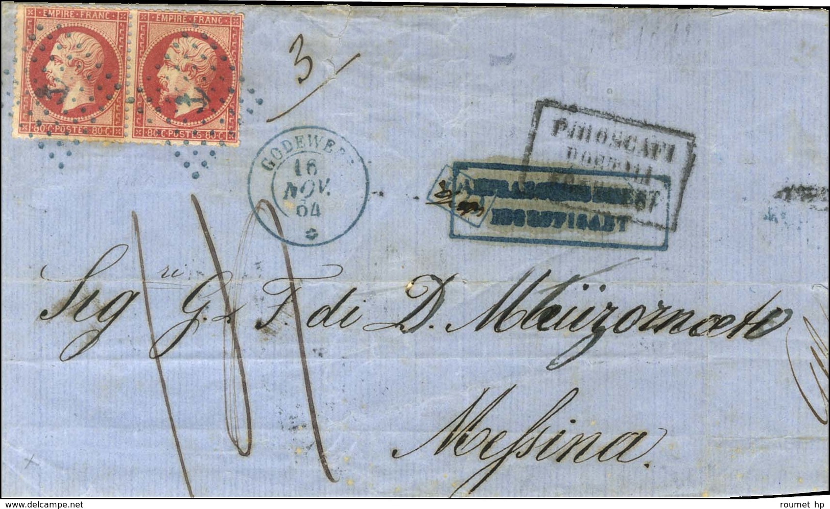 Ancre Bleue / N° 24 Paire Càd Bleu GODEWERY / * Sur Lettre Partielle 3 Ports Insuffisamment Affranchie Pour Messine. 186 - Posta Marittima