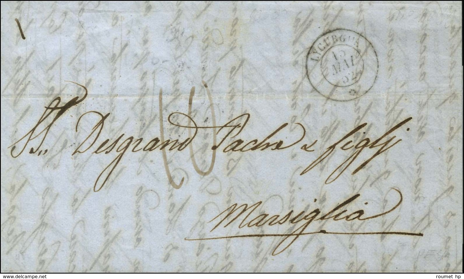 Càd LYCURGUE / * 15 MAI 52 (erreur De Milésime) Sur Lettre Non Affranchie De Salonique Pour Marseille. 1853. - TB / SUP. - Maritime Post