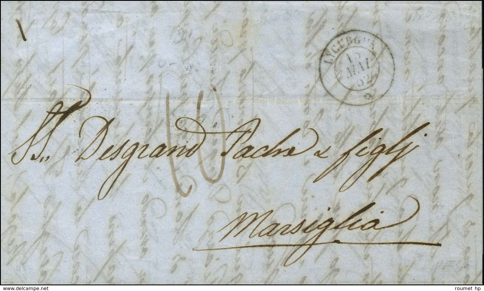 Càd LYCURGUE / * 15 MAI 52 (erreur De Milésime) Sur Lettre Non Affranchie De Salonique Pour Marseille. 1853. - TB / SUP. - Posta Marittima