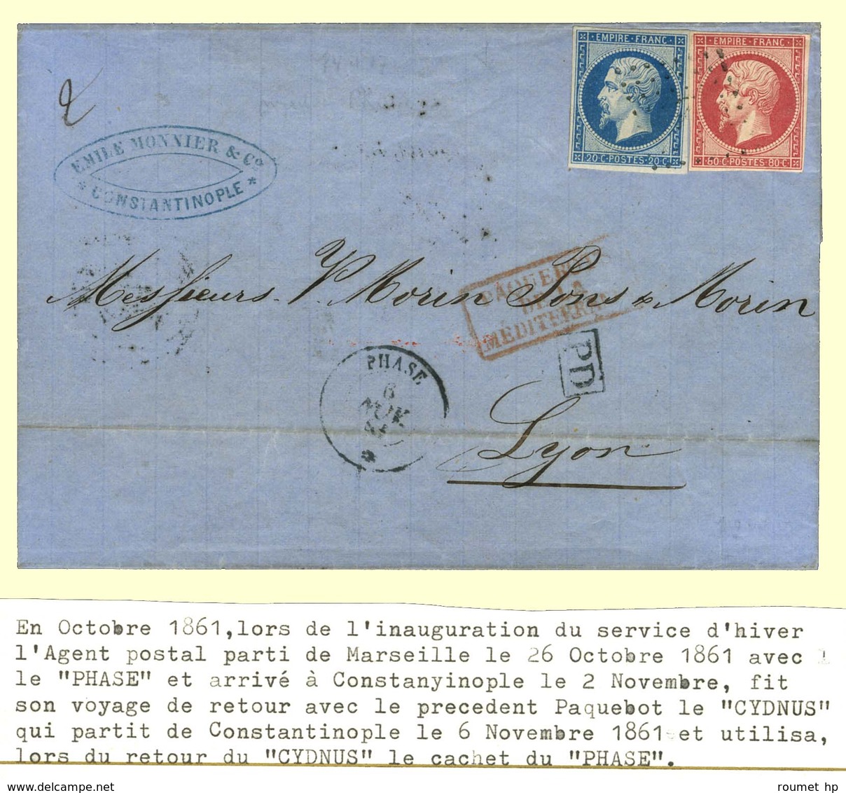 Ancre / N° 14 + 17 Càd PHASE / * 6 NOV. 61 Sur Lettre 2 Ports De Constantinople Pour Lyon. L'agent Postal Du Paquebot CY - Posta Marittima