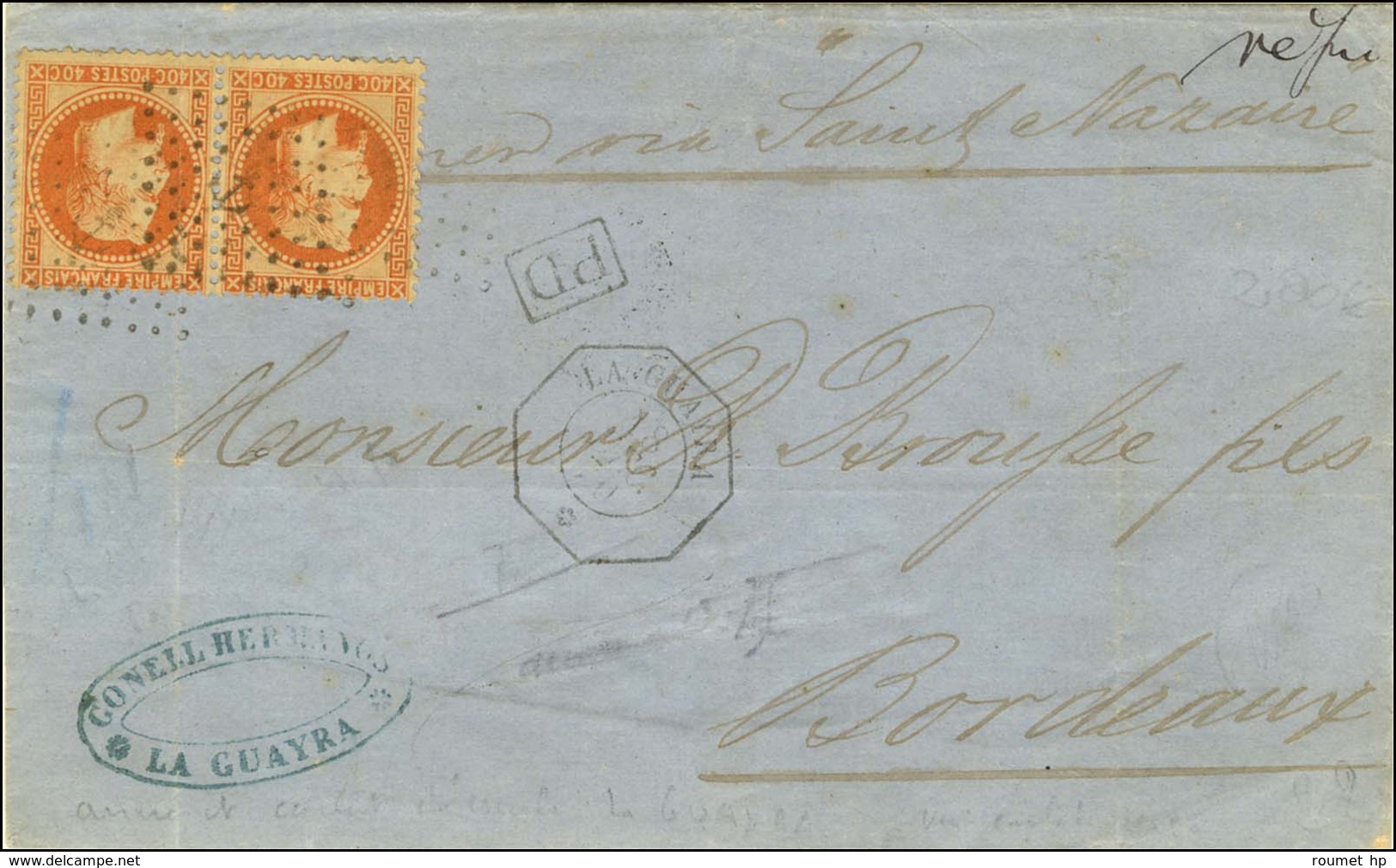 Ancre / N° 31 Paire (1 Ex Pli) Càd Octo LA GUAYRA / * Sur Lettre Pour Bordeaux. 1870. - TB. - Posta Marittima