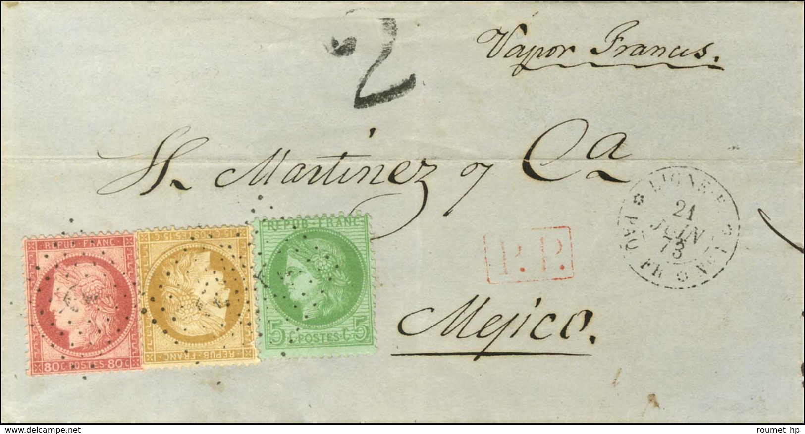 Ancre / N° 53 + 57 + 59 Càd LIGNE B / PAQ. FR. N° 1 Sur Lettre Acheminée De Madrid, Remise Au Bateau Pour Mexico, Au Ver - Maritime Post