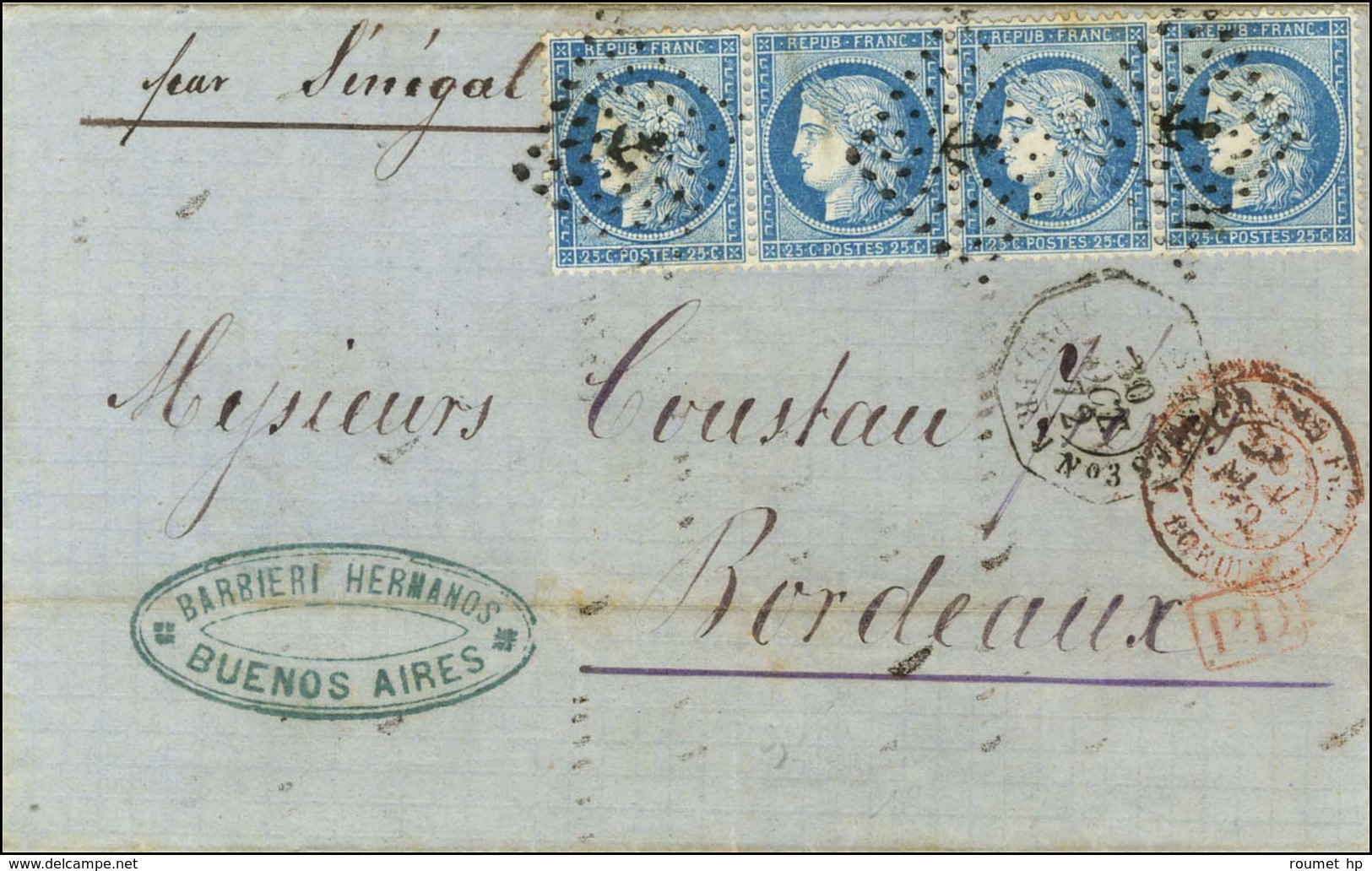 Ancre / N° 60 Bande De 4 Càd Octo BUENOS AYRES / PAQ FR J N° 3 Sur Lettre Pour Bordeaux. 1872. - TB. - Maritime Post