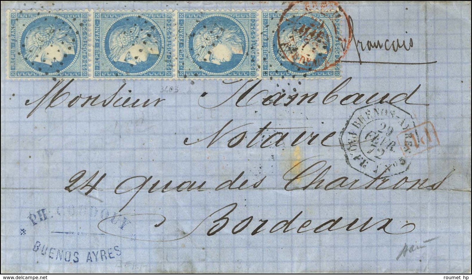 Ancre / N° 60 Bande De 4 Càd Octo BUENOS AYRES / PAQ FR J N°5 Sur Lettre Pour Bordeaux. 1872. - TB. - R. - Maritime Post