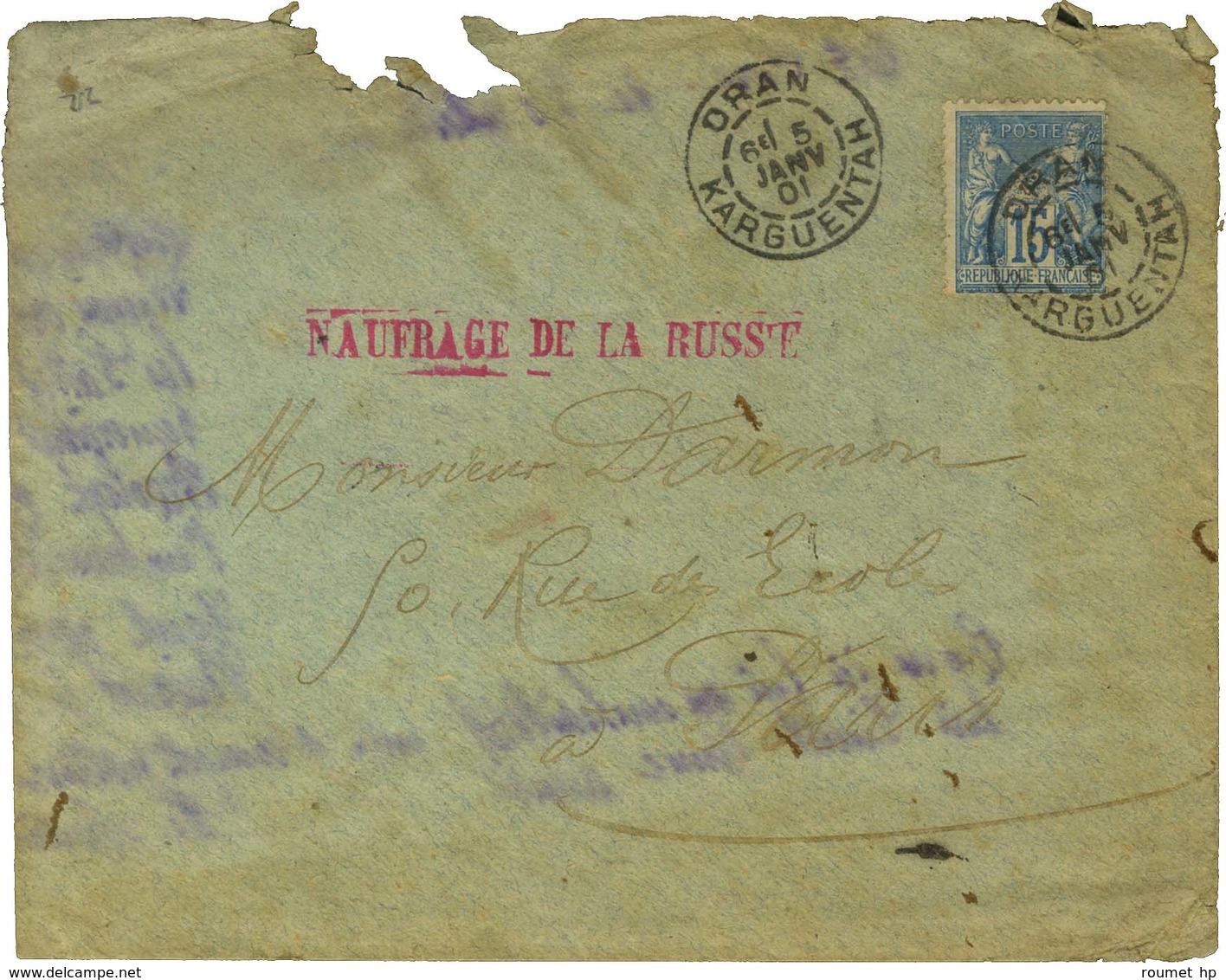 Càd ORAN / KARGUENTAH / N° 90 Sur Lettre Pour Paris, Au Recto Griffe Rouge NAUFRAGE DE LA RUSSIE. 1901. - TB / SUP. - Other & Unclassified