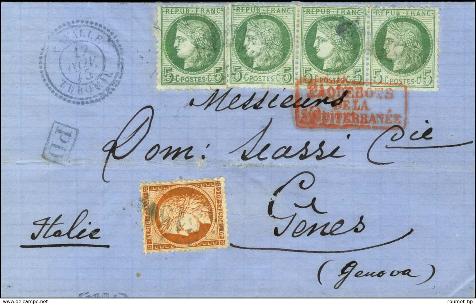 GC Bleu 5156 / N° 38 + N° 53 (bande De 3 + 1 Ex) Càd Bleu CAVALLE / TURQUIE Sur Lettre Pour Gènes, Au Verso Càd Bleu De  - Posta Marittima