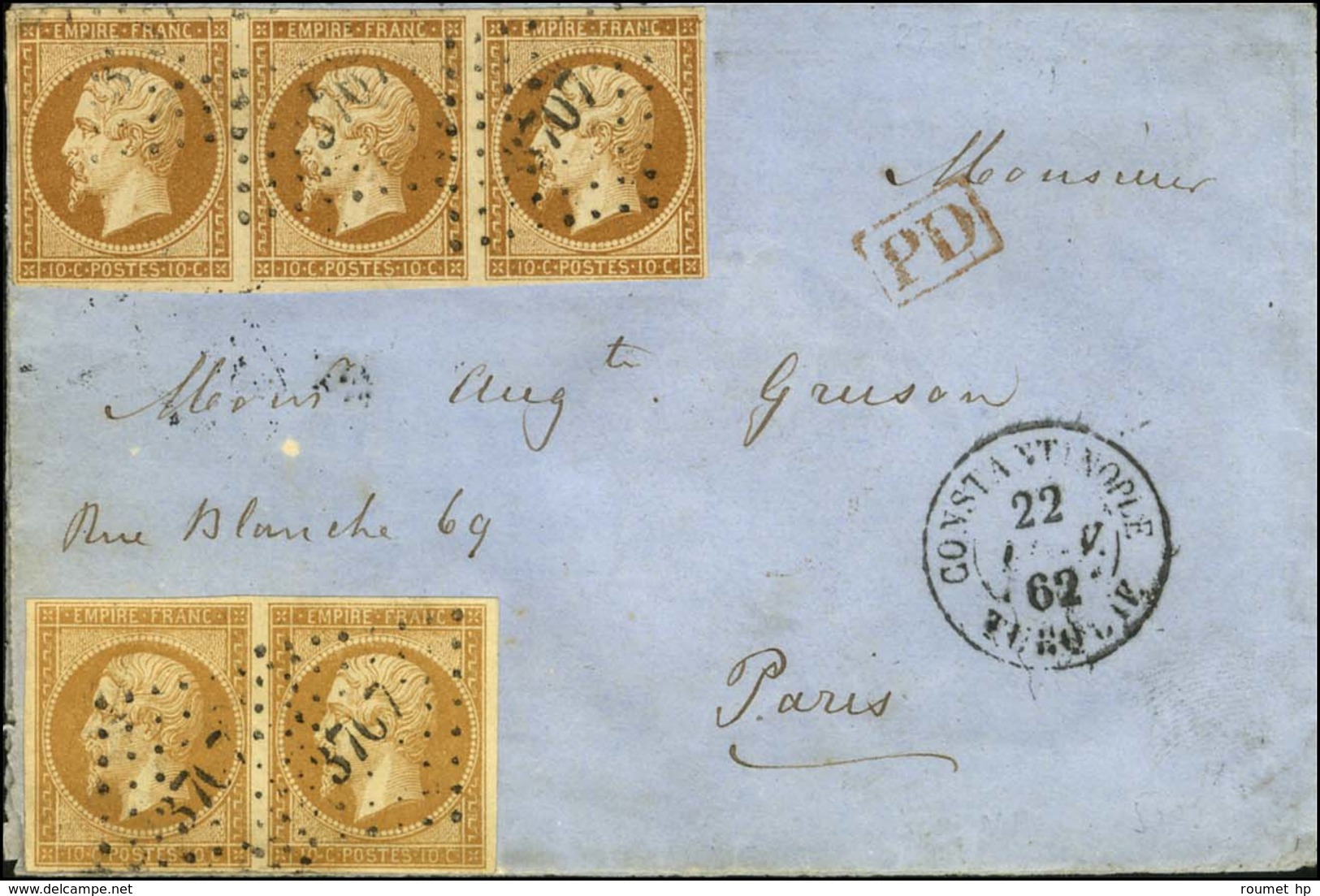 PC 3707 / N° 13 Type I Paire + N° 13 Type II Bande De 3 Càd CONSTANTINOPLE / TURQUIE Sur Lettre Pour Paris. 1862. - SUP. - Maritieme Post