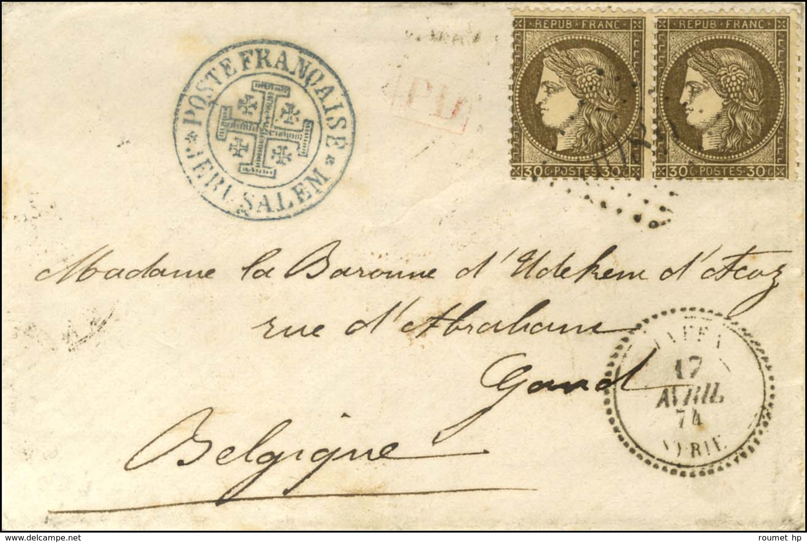 GC 5089 / N° 56 Paire Càd JAFFA / SYRIE Cachet Bleu POSTE FRANCAISE / JERUSALEM Sur Lettre Pour La Belgique. Exceptionne - Maritieme Post