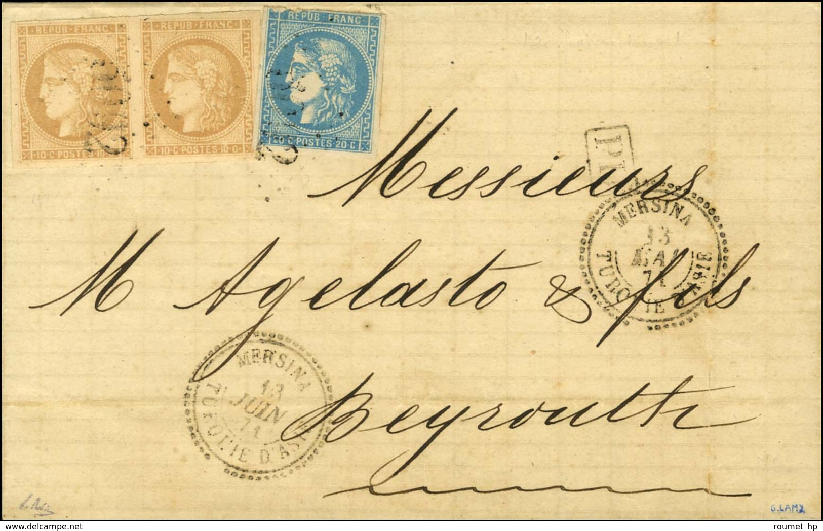 GC 5092 / N° 43 Paire + N° 46 (def) Càd MERSINA / TURQUIE D'ASIE Sur Lettre Pour Beyrouth. 1871. - TB. - R. - Maritieme Post