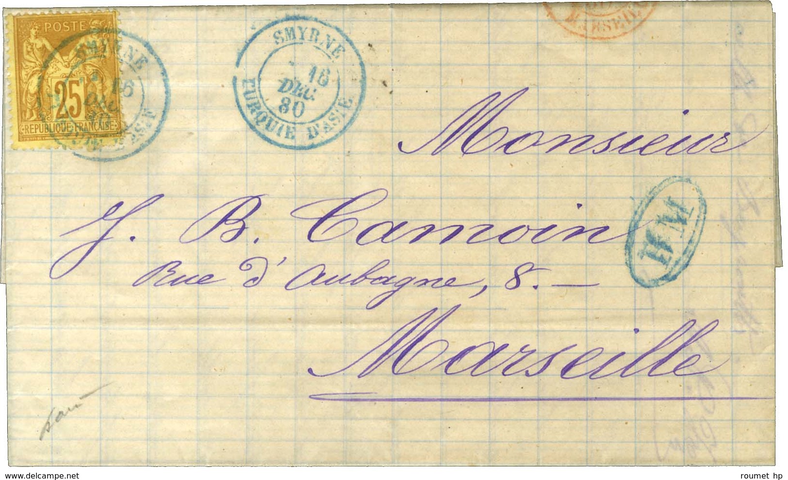 Càd Bleu SMYRNE / TURQUIE D'ASIE 16 DEC. 80 / N° 92 + BM Bleue Sur Lettre Avec Texte Daté De Mersina Le 13 Décembre 1880 - Maritime Post