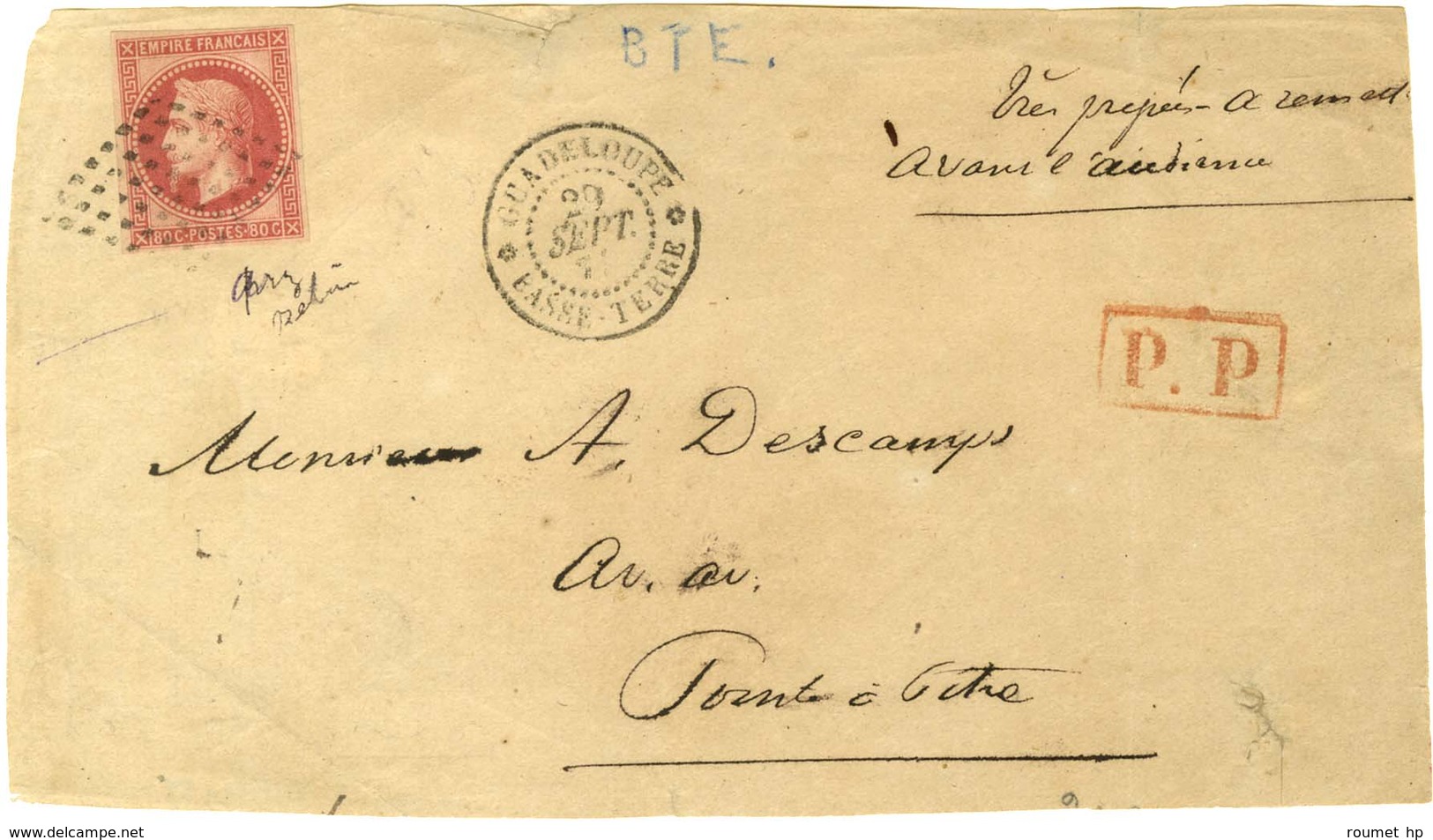 Losange / CG N° 10 Càd GUADELOUPE / BASSE-TERRE Sur Devant De Lettre 4 Ports Pour Pointe à Pitre. 1871. - TB. - Maritime Post