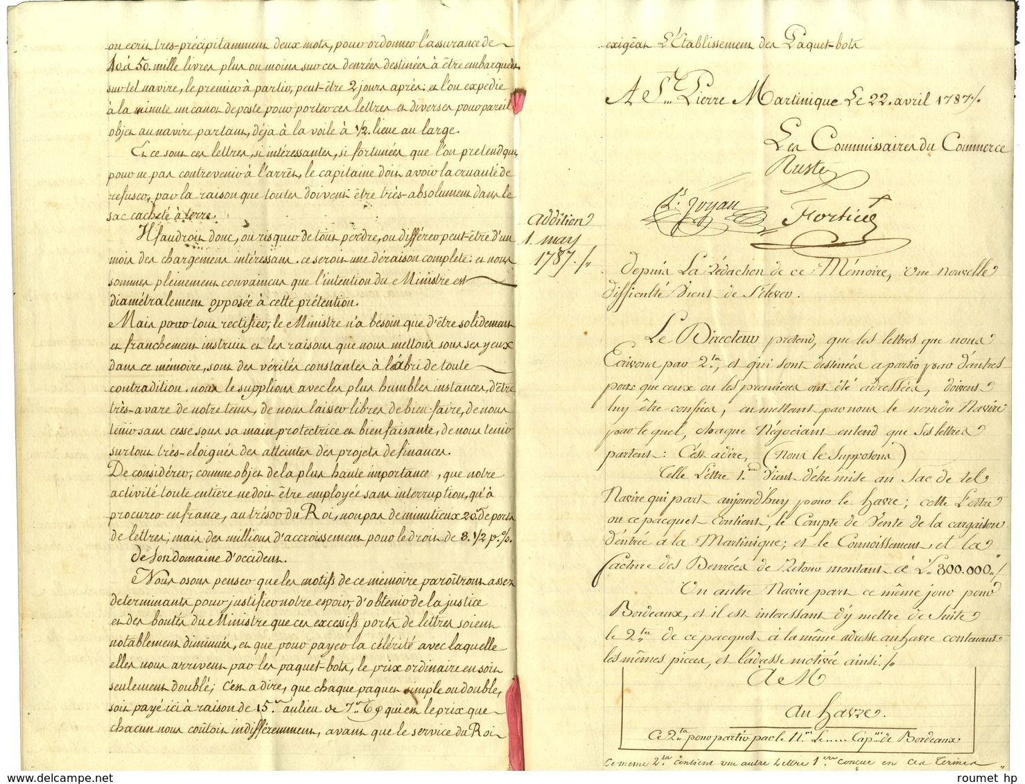 Superbe Document De 10 Pages Daté De St Pierre De La Martinique Le 22 Avril 1787 : '' Mémoire Des Commissaires Du Commer - Maritieme Post