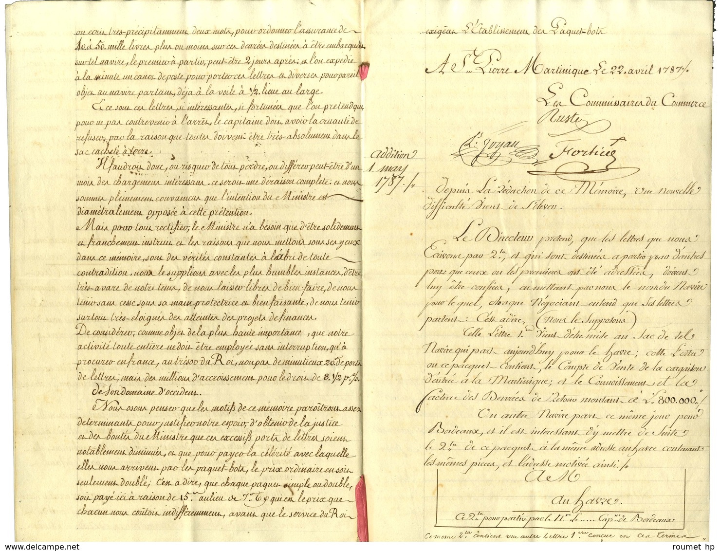 Superbe Document De 10 Pages Daté De St Pierre De La Martinique Le 22 Avril 1787 : '' Mémoire Des Commissaires Du Commer - Posta Marittima