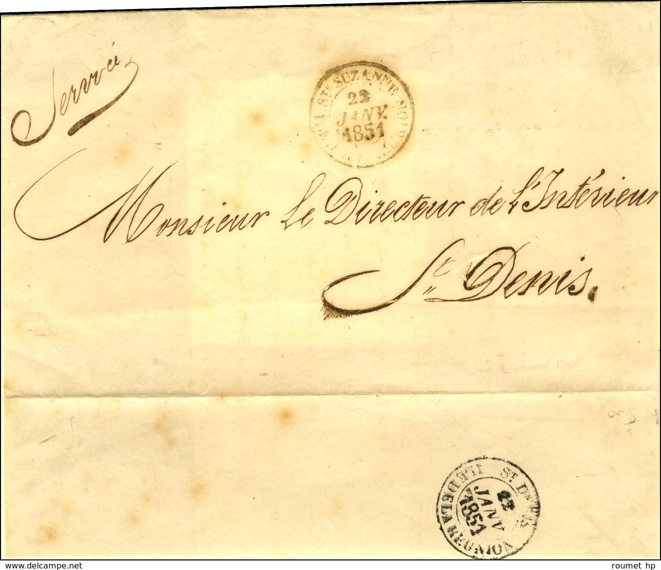 Càd Ste SUZANNE / ÎLE DE LA REUNION Sur Lettre Adressée En Franchise Pour St Denis, Au Verso Càd D'arrivée St DENIS / ÎL - Posta Marittima