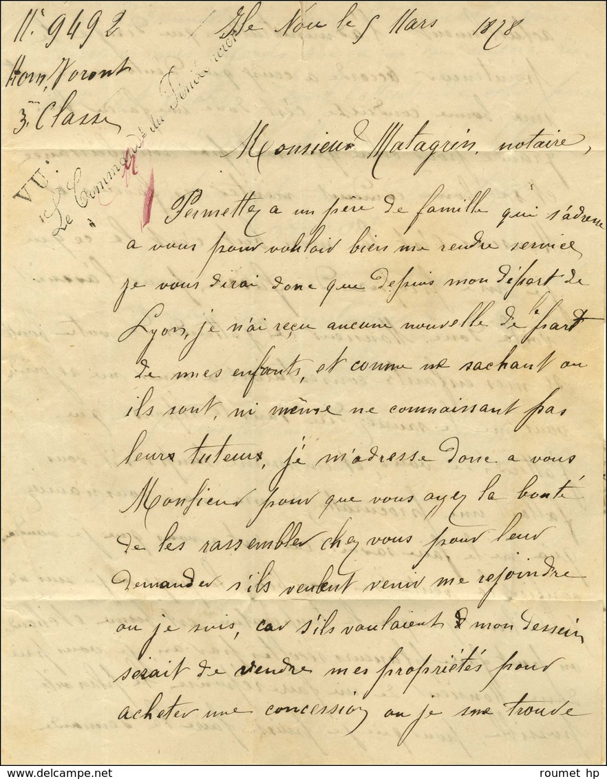 Càd Nlle CALEDONIE / NOUMEA, Taxe Tampon 7 Sur Lettre Avec Texte D'un Bagnard à L'Île Nou Le 5 Mars 1878, Dans Le Texte  - Schiffspost
