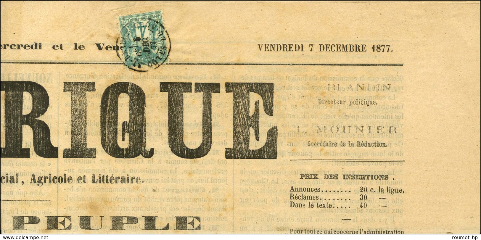 Càd ST BRIEUC / COTES DU NORD / N° 63 Sur Journal Entier L'ARMORIQUE Du 7 Décembre 1877. - TB / SUP. - R. - 1877-1920: Semi Modern Period