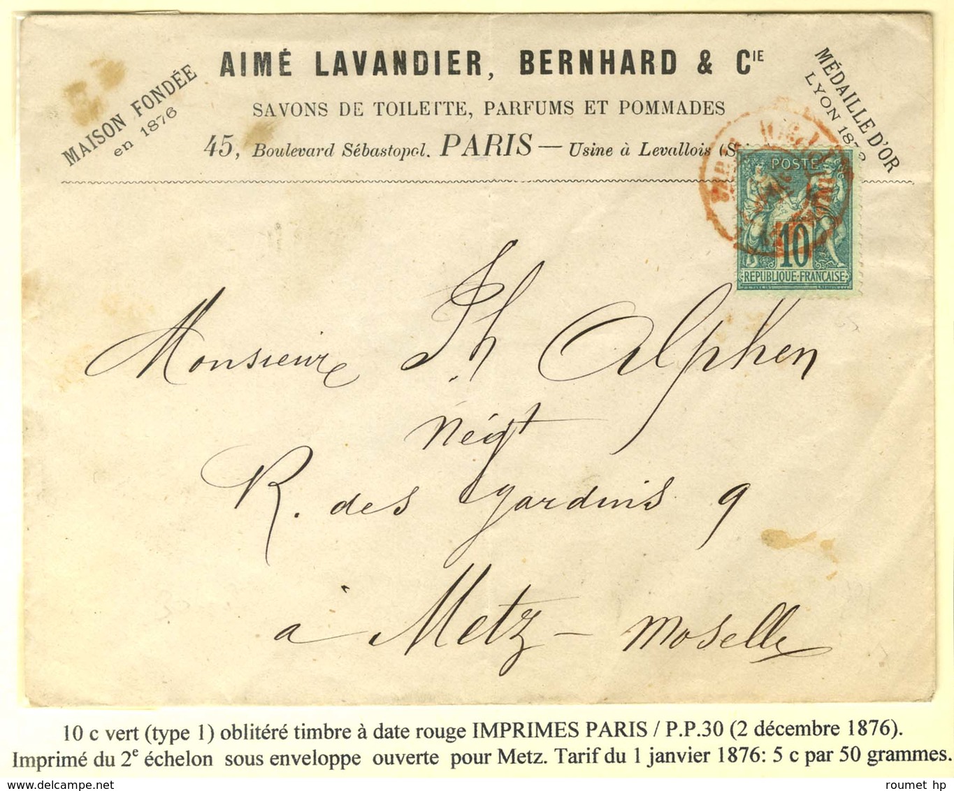 Càd Rouge IMPRIMES PARIS / PP 30 / N° 65 Sur Imprimé 2 Ports Sous Enveloppe Ouverte Pour Metz. 1876. - TB / SUP. - R. - 1877-1920: Semi Modern Period