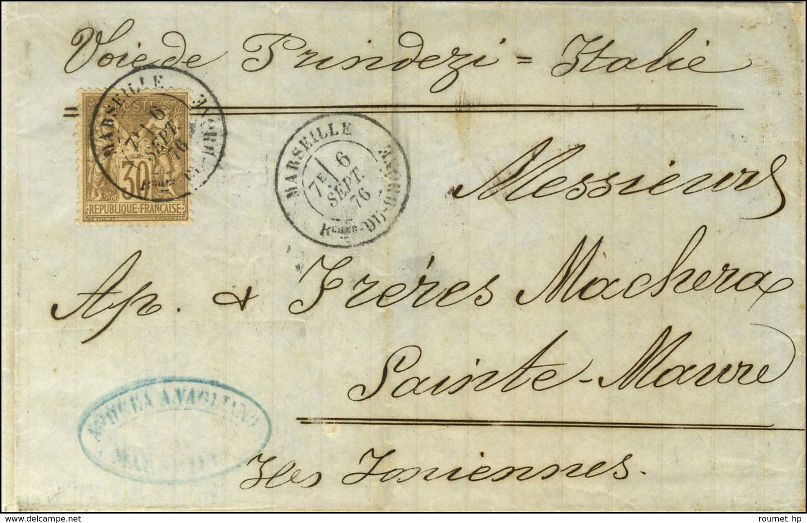 Càd T 18 MARSEILLE / Bouche-DU-RHONE / N° 69 Sur Lettre Adressée Dans Les Iles Ioniennes Par La Voie De Brindisi. 1876.  - 1877-1920: Periodo Semi Moderno