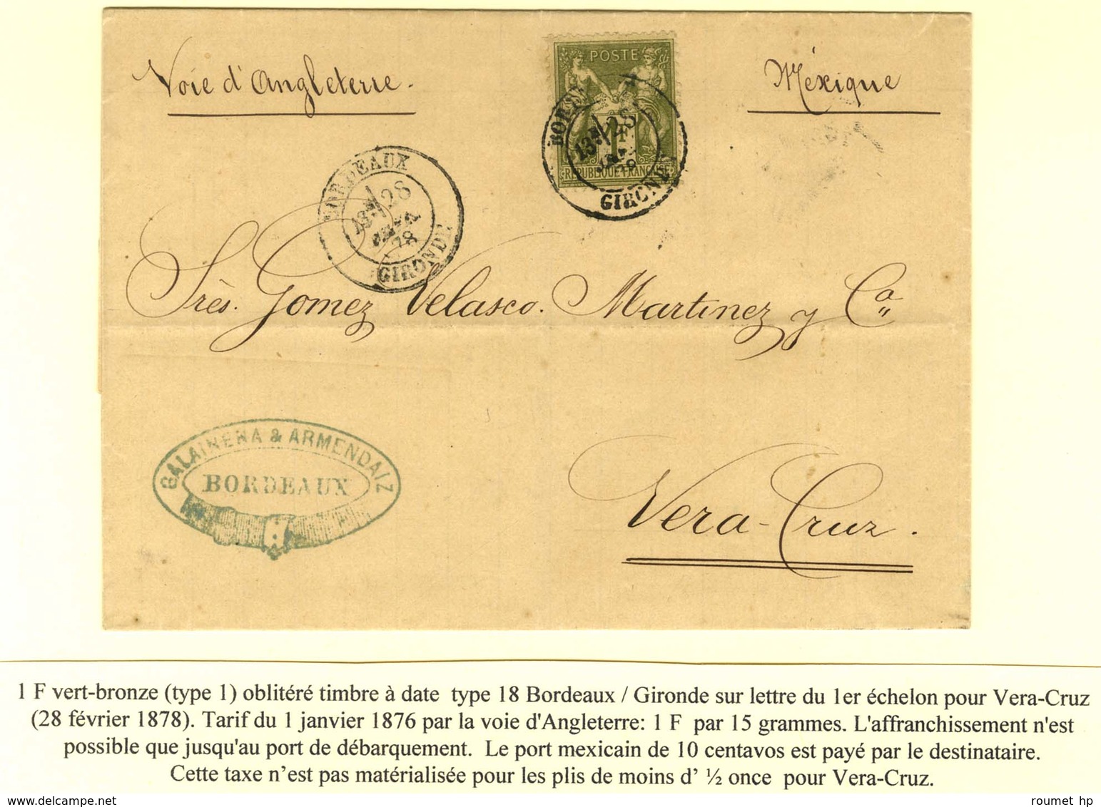 Càd BORDEAUX / GIRONDE / N° 72 Sur Lettre Pour Vera Cruz. 1878. - TB / SUP. - 1877-1920: Semi Modern Period