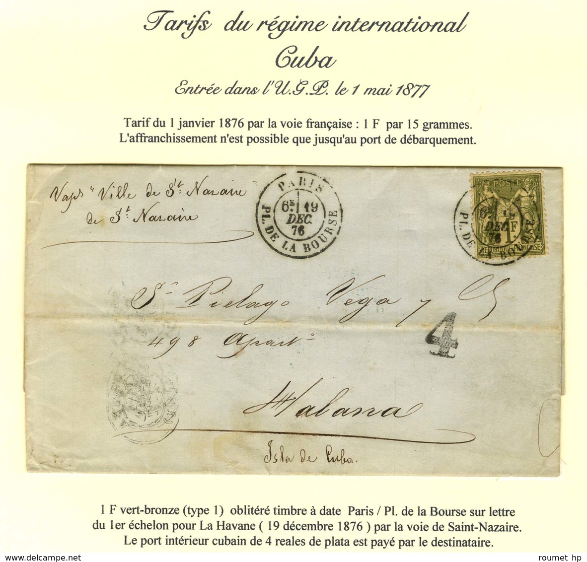 Càd PARIS / PL. DE LA BOURSE / N° 72 Sur Lettre Pour La Havane. Au Recto, Taxe 4 Reales Pour Le Port Intérieur. 1876. -  - 1877-1920: Periodo Semi Moderno