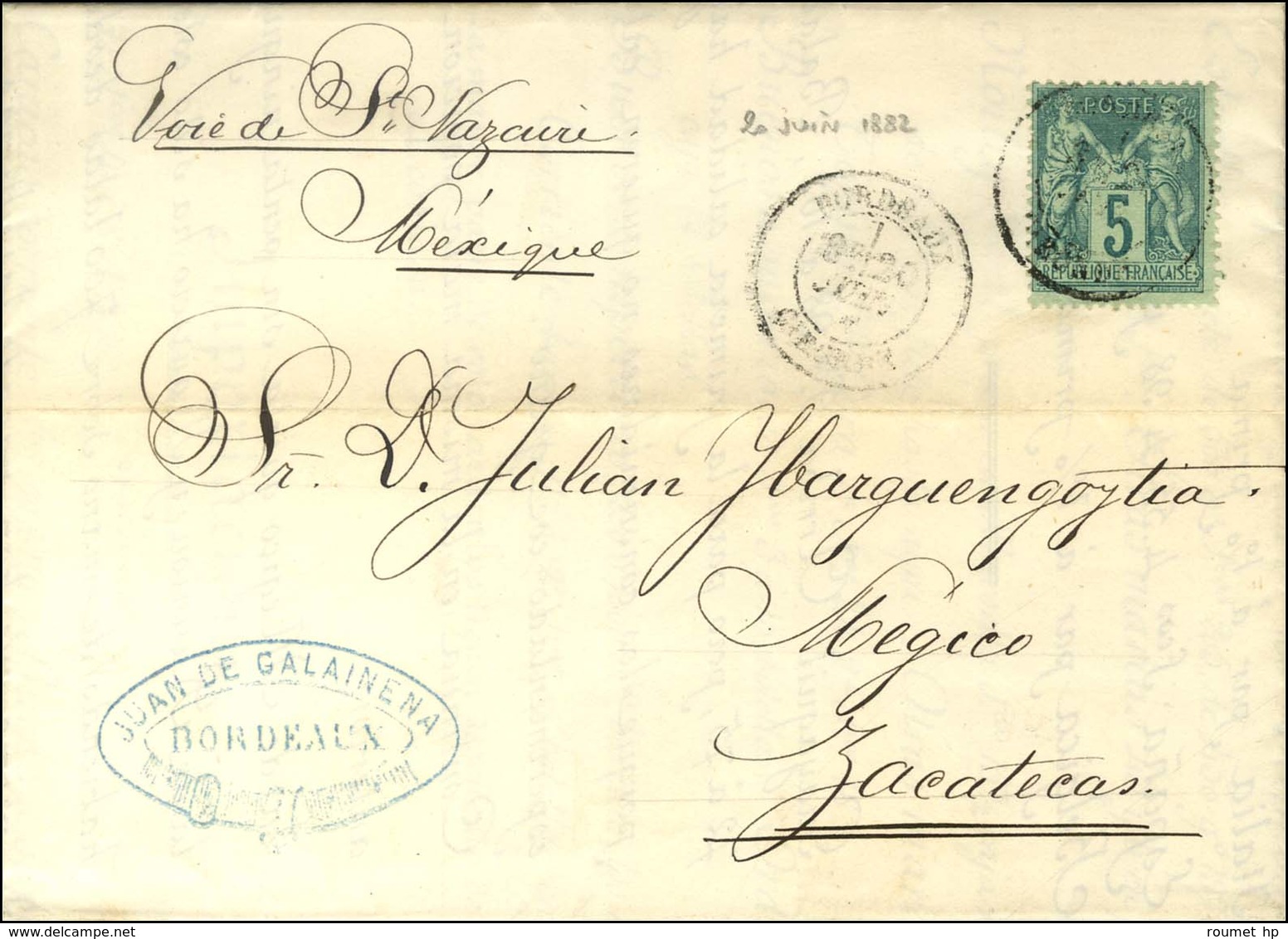 Càd T 18 BORDEAUX / GIRONDE / N° 75 Sur Imprimé Complet Pour Zacatecas (Mexique). 1882. - TB / SUP. - 1877-1920: Semi Modern Period