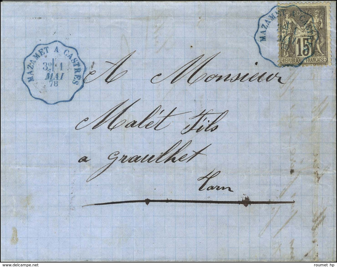 Cachet Convoyeur Ligne Bleu MAZAMET A CASTRES 1 MAI 78 / N° 77 Sur Lettre Pour Graulhet, 1er Jour Du Changement De Tarif - 1877-1920: Période Semi Moderne