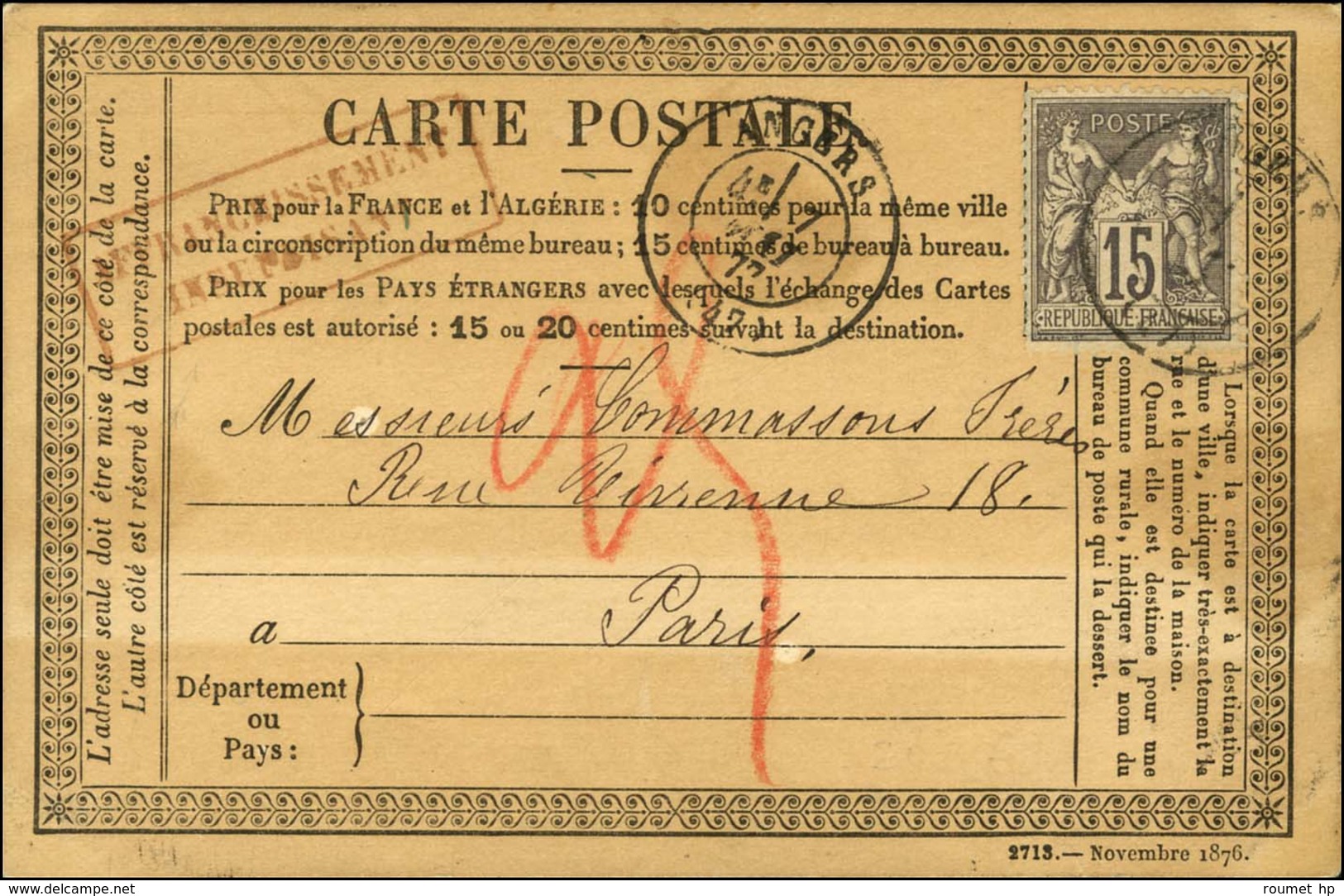 Càd T 17 ANGERS (47) / N° 77 Taxe 25 Manuscrite Rouge Sur CP (échantillons). 1877. - TB. - R. - 1877-1920: Période Semi Moderne